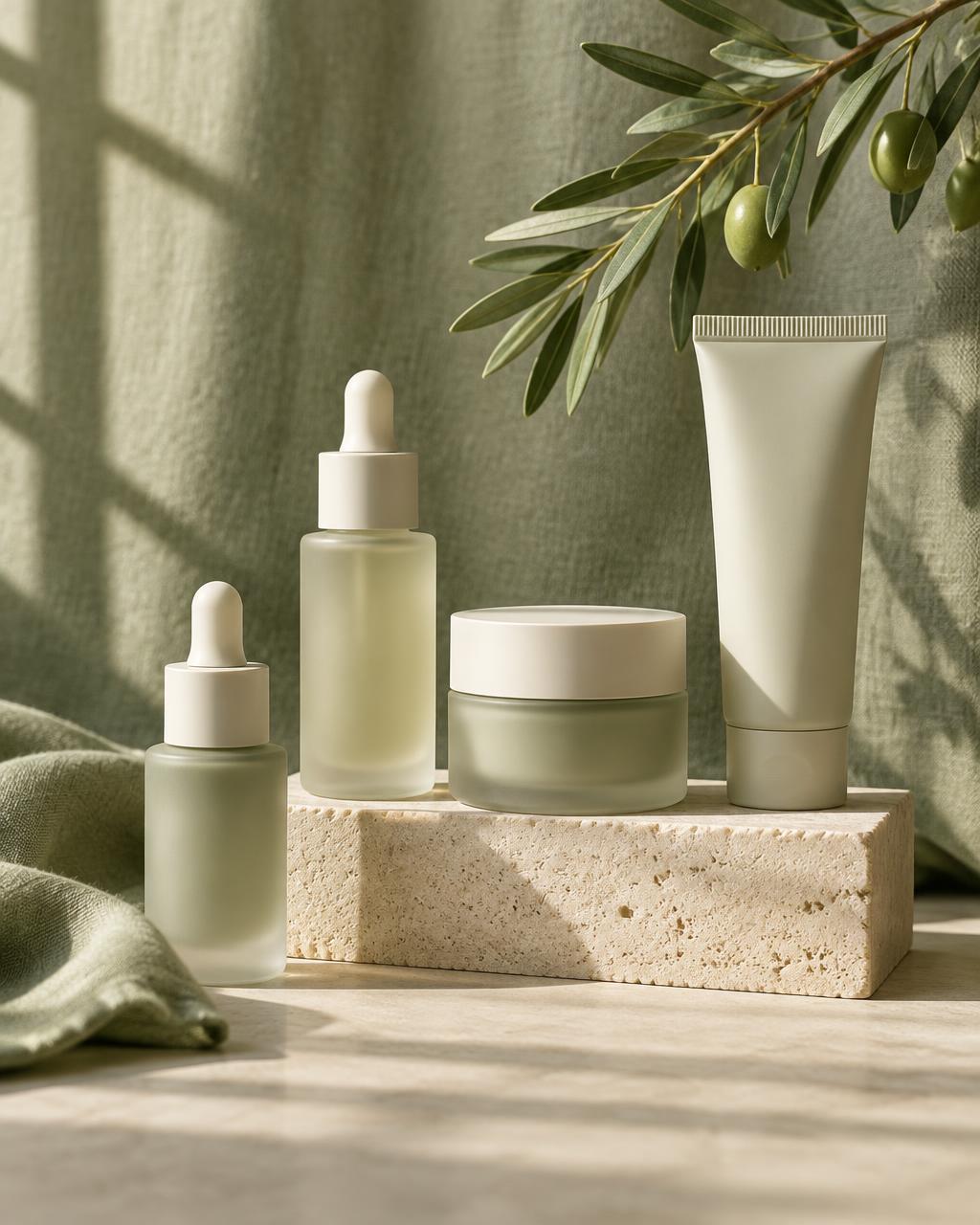 A thoughtful skincare ritual with frosted bottles and soft olive botanicals